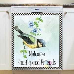 Little Bird on a Blooming Branch - Welcome Family and Friends Dishwasher Sticker