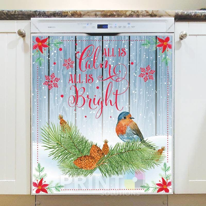 Christmas - Winter Birds and Flowers #3 - All is Calm All is Bright Dishwasher Sticker