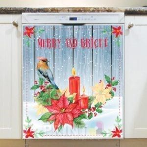 Christmas - Winter Birds and Flowers #2 - Merry and Bright Dishwasher Sticker