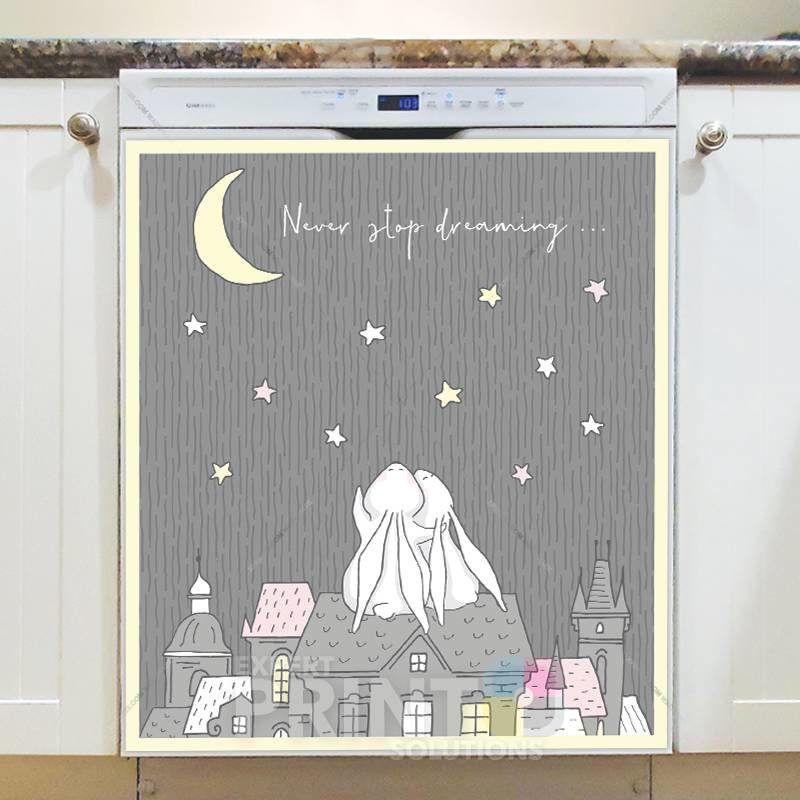Cute Bunny Couple on a Roof - Never Stop Dreaming Dishwasher Sticker