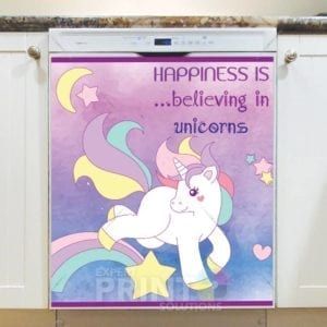 Funny Unicorn Saying #3 - Happiness is believing in unicorns Dishwasher Sticker