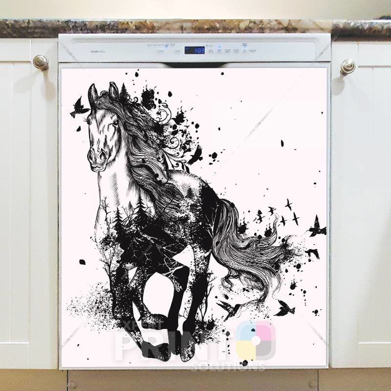 Black Horse and Birds Dishwasher Sticker