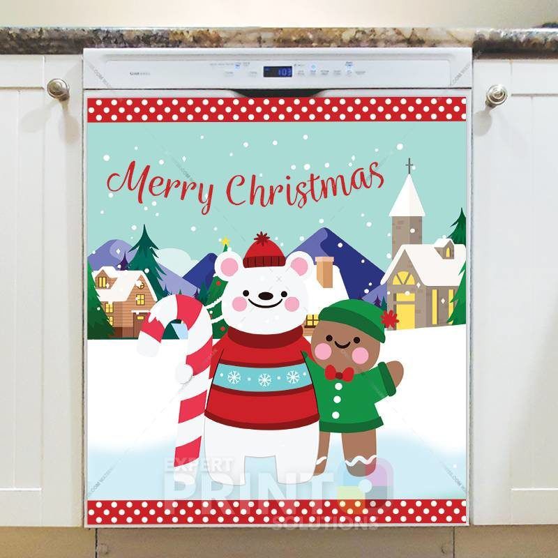 Christmas - Polar Bear and Gingerbread Man - Merry Christmas Dishwasher Sticker