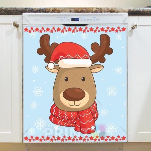 Christmas - Deer in Santa Hat Dishwasher Sticker