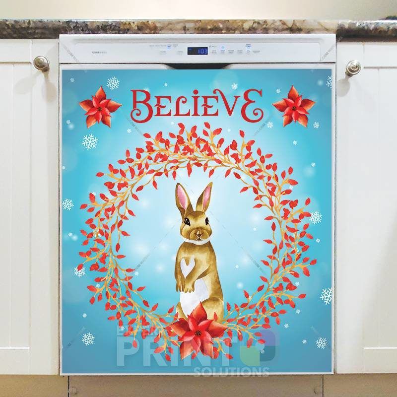 Christmas - Brown Winter Bunny - Believe Dishwasher Sticker