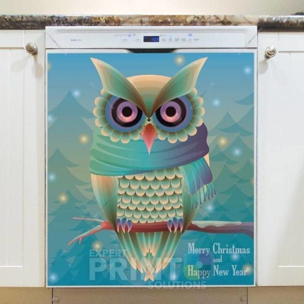 Christmas - Colorful Owl - Merry Christmas and Happy New Year Dishwasher Sticker