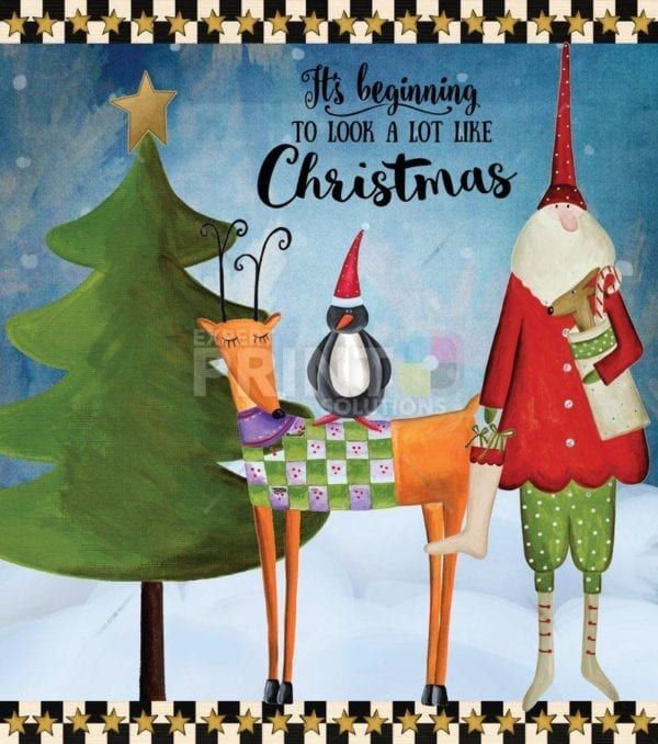 Christmas - Prim Country Santa Reindeer and Penguin - It's Beginning to Look a Lot Like Christmas Dishwasher Sticker