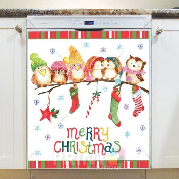 Christmas - Cute Owl Family - Merry Christmas Dishwasher Sticker