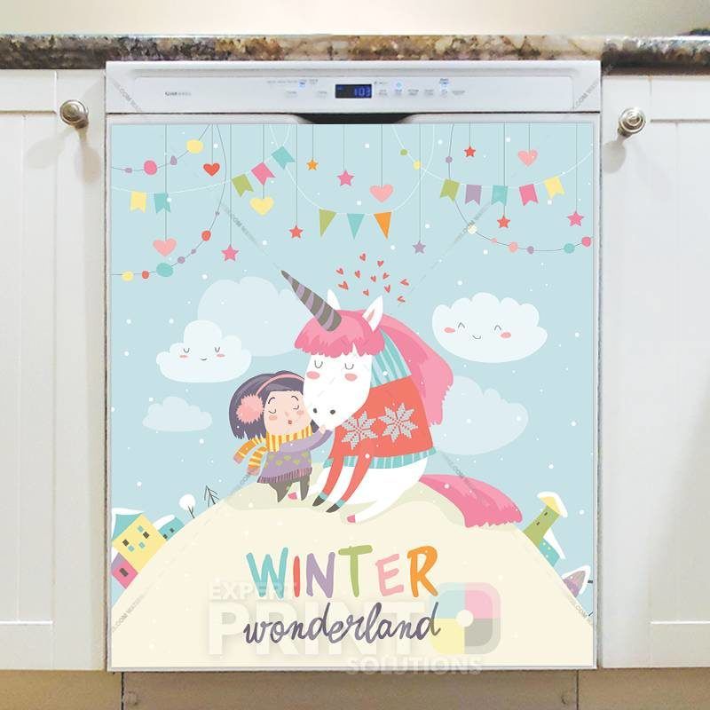 Christmas - Christmas Unicorn and a Girl - Winter Wonderland Dishwasher Sticker