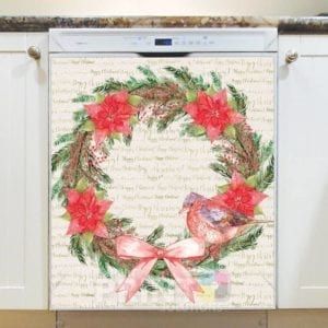 Christmas - Poinsettia Wreath and Bird Dishwasher Sticker