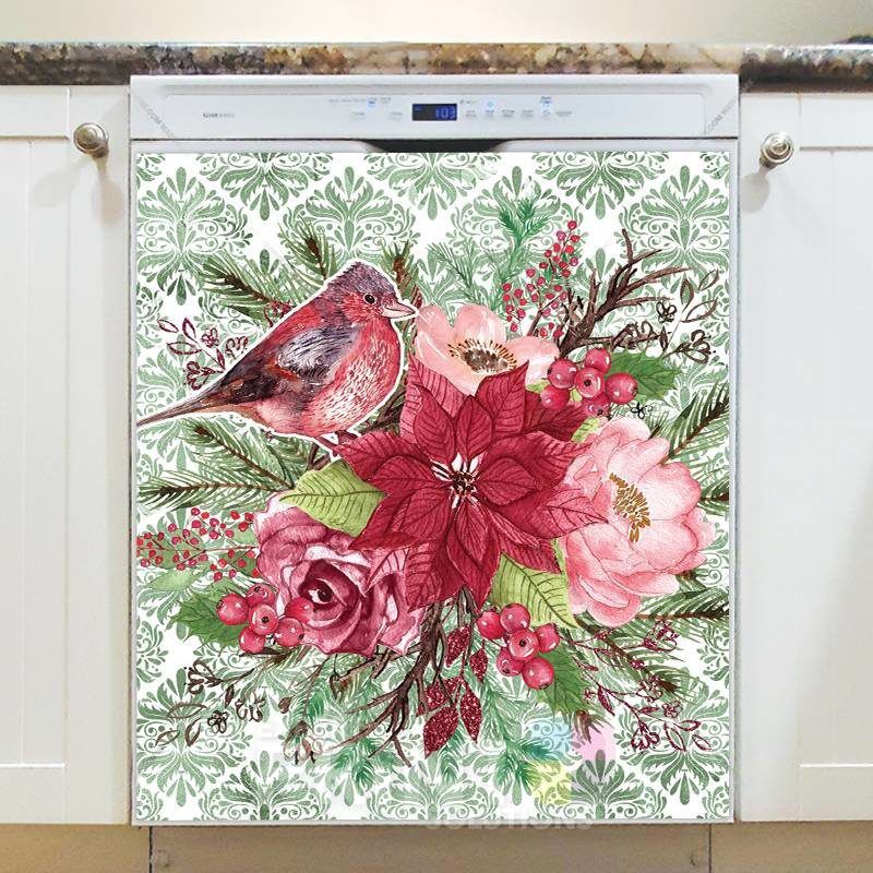 Christmas - Beautiful Poinsettia and Bird #2 Dishwasher Sticker