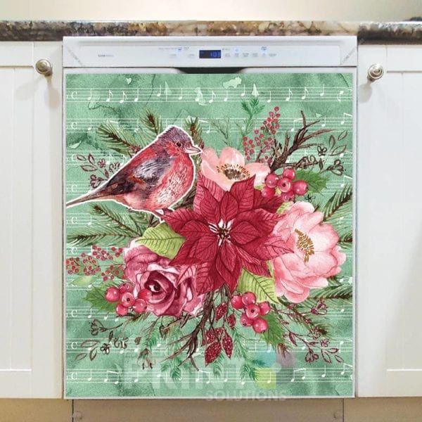 Christmas - Beautiful Poinsettia and Bird Dishwasher Sticker
