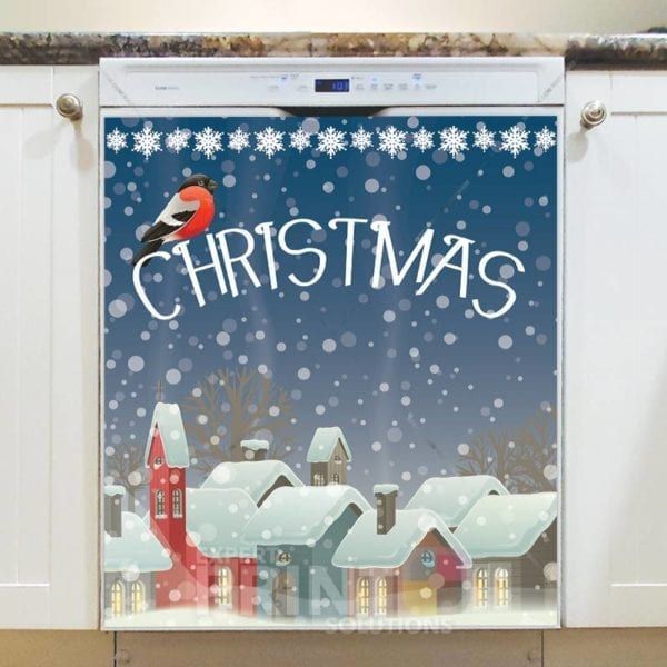 Christmas - Snowy Village and Bird Dishwasher Sticker