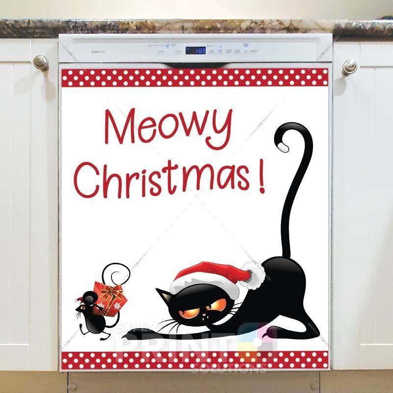 Christmas - Black Cat with a Mouse - Meowy Christmas Dishwasher Sticker