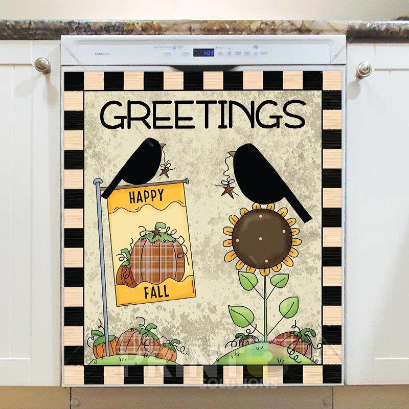 Fall Greetings Prim Crows - Greetings Happy Fall Dishwasher Sticker