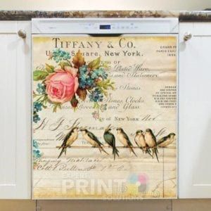 Shabby Chic Design - Tiffany and Co. Union Square New York Five Birds with Rose and Blue Flower Dishwasher Sticker