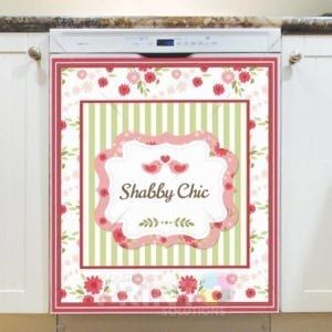 Shabby Chic Design with Pink Flowers Green Stripes Dishwasher Sticker
