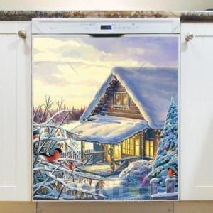 Winter Rural Landscape with Pine Tree and Bullfinches Dishwasher Sticker