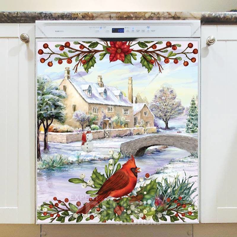 Winter Cottage and Cardinal Dishwasher Sticker