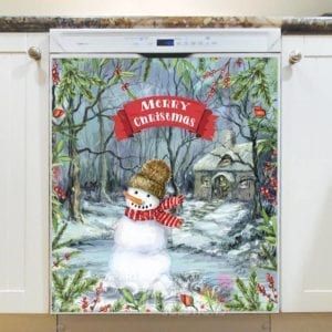 Winter Cottage and Snowman - Merry Christmas Dishwasher Sticker