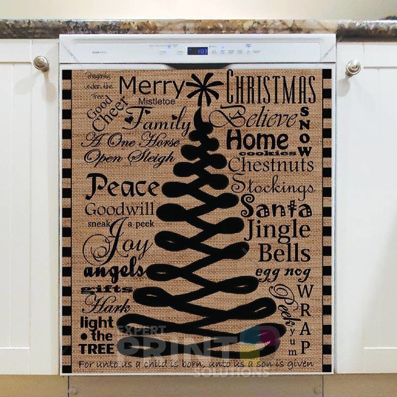 Farmhouse Burlap Pattern - Christmas #1 Merry Christmas Dishwasher Sticker