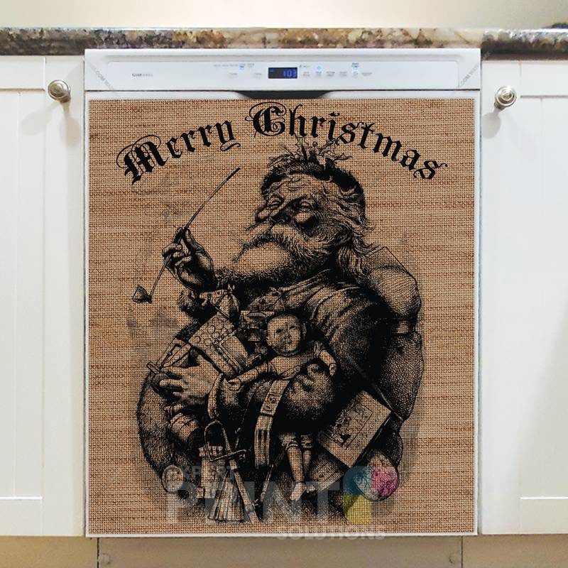 Farmhouse Burlap Pattern - Christmas #2 Merry Christmas Dishwasher Sticker