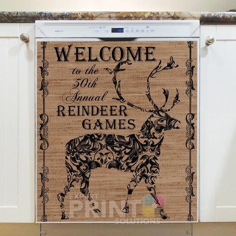 Farmhouse Burlap Pattern - Christmas #4 - Welcome to the 50th Annual Reindeer Games Dishwasher Sticker