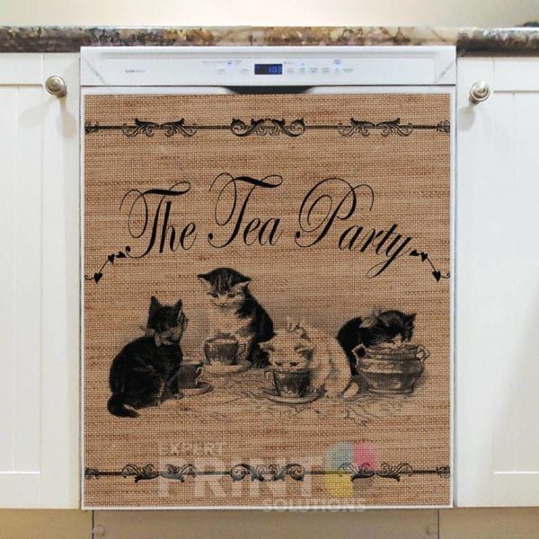 Farmhouse Burlap Pattern - Kittens Tea Party Dishwasher Sticker