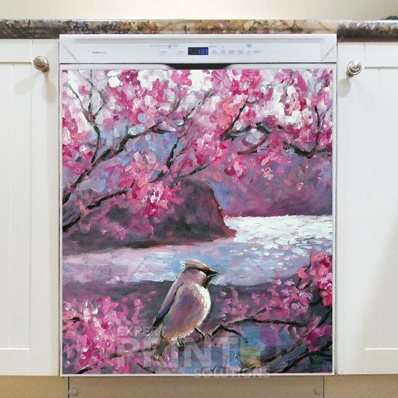 Waxwing Bird on a Blooming Tree Dishwasher Sticker