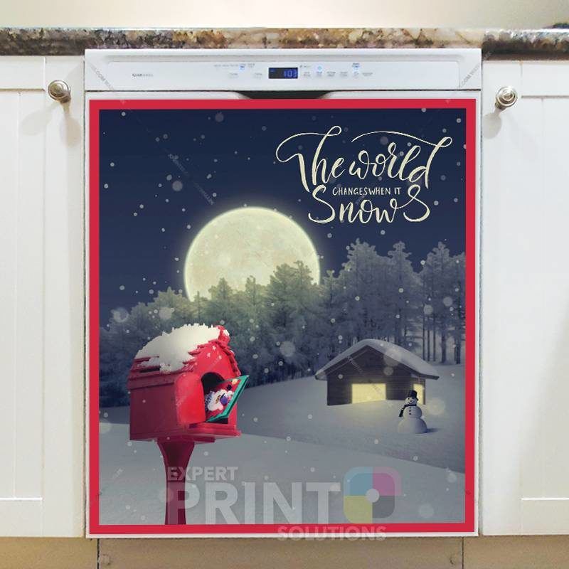 Christmas - Country Cottage at Night - The World Changes when it Snows Dishwasher Sticker