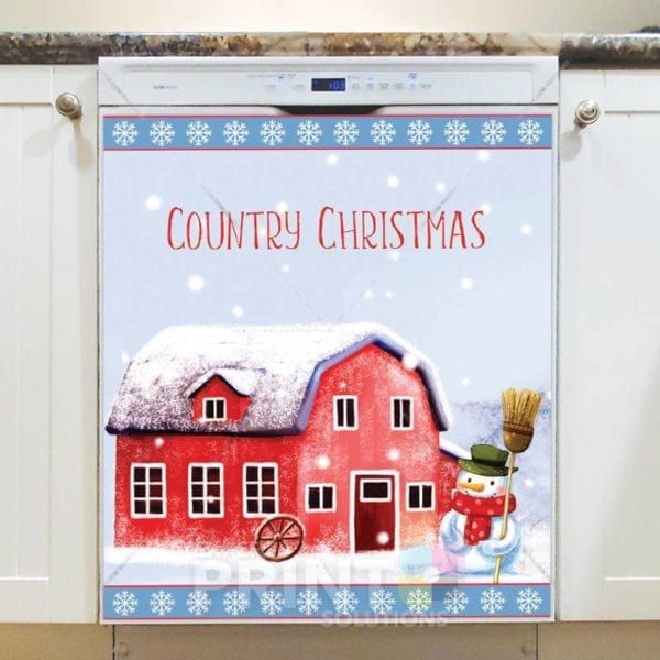 Red Country Barn and Snowman - Country Christmas Dishwasher Sticker