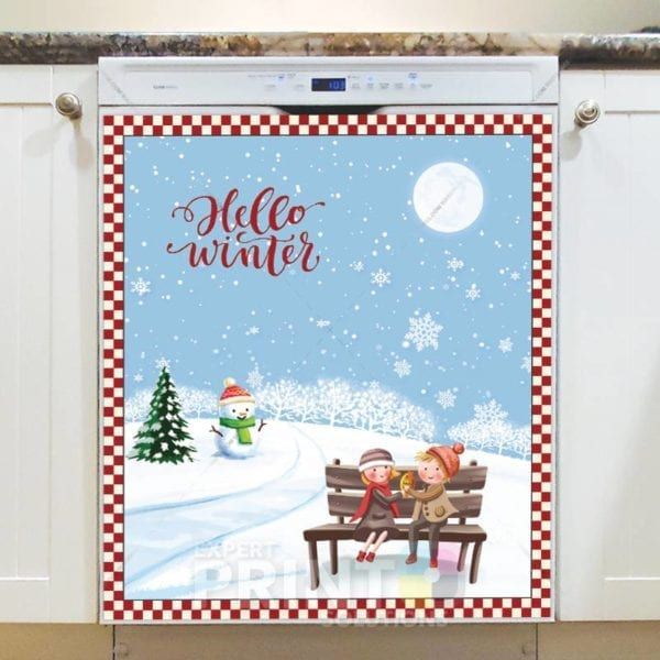 Christmas - Little Kids and Snowman - Hello Winter Dishwasher Sticker