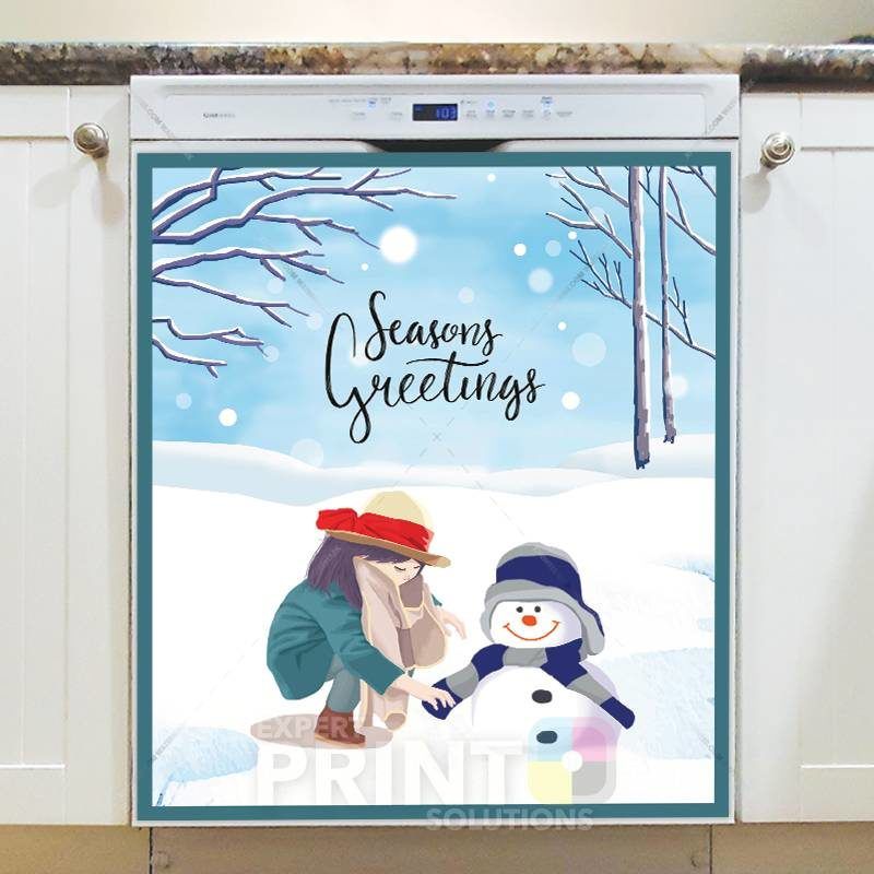 Christmas - Little Girl and Snowman - Seasons Greetings Dishwasher Sticker