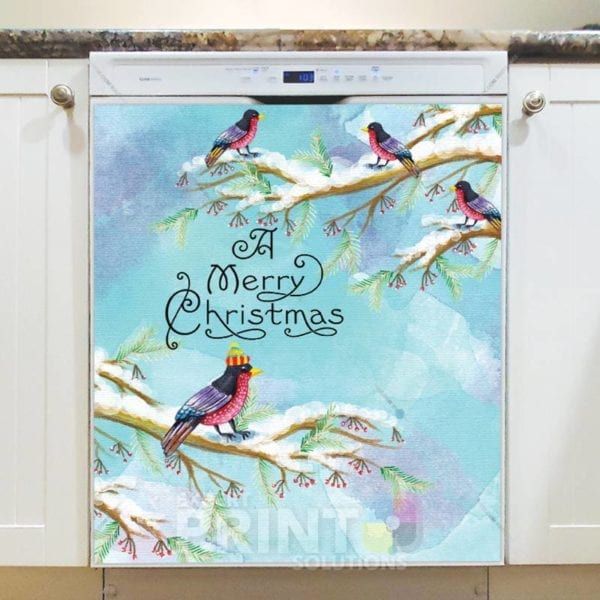 A Merry Christmas - Cute Birds in Hat Dishwasher Sticker