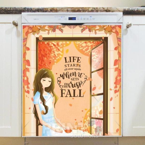 Beautiful Girl in the Window - Life Starts All Over Again When it Gets in the Crisp Fall Dishwasher Sticker
