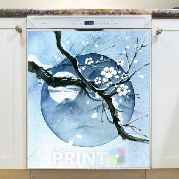 Moon and White Cherry Tree Dishwasher Sticker