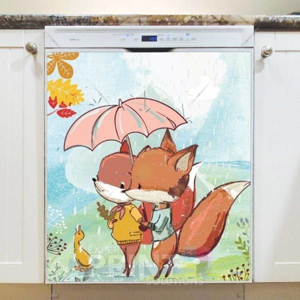 Fox Couple in the Rain Dishwasher Magnet