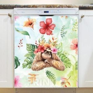 Cute Sloth and Hibiscus Flowers Dishwasher Magnet