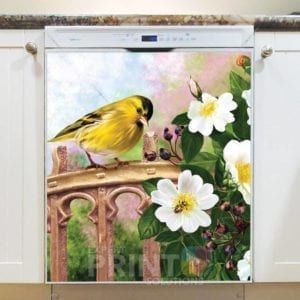 Little Yellow Bird and Blooming White Roses Dishwasher Magnet