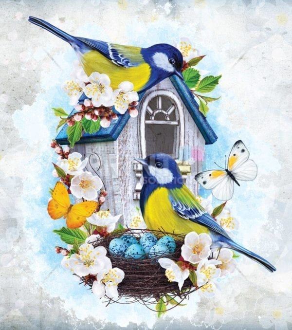 Yellow and Blue Bird Couple and a Birdhouse Garden Flag