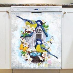 Yellow and Blue Bird Couple and a Birdhouse Dishwasher Magnet