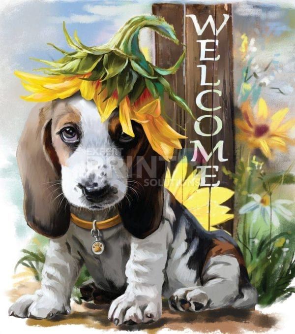 Cute Little Beagle Puppy and Sunflowers Garden Flag