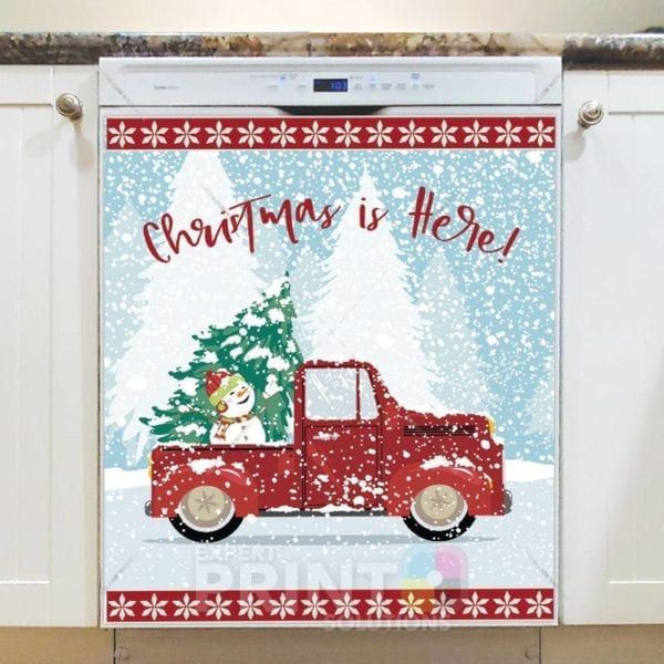 Red Christmas Truck and Snowman Dishwasher Magnet