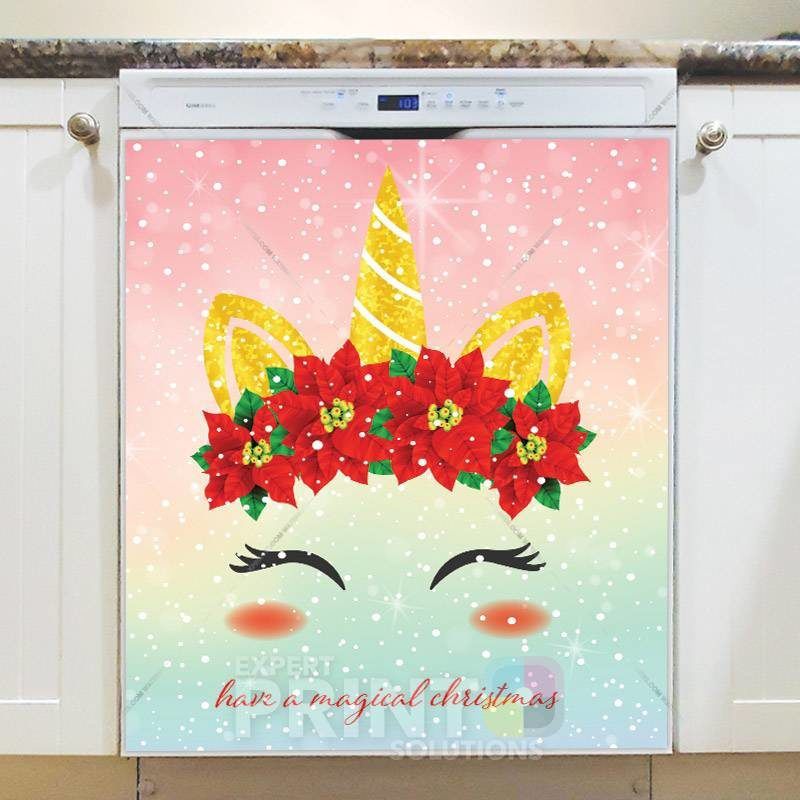 Christmas Unicorn Head and Poinsettias Dishwasher Magnet