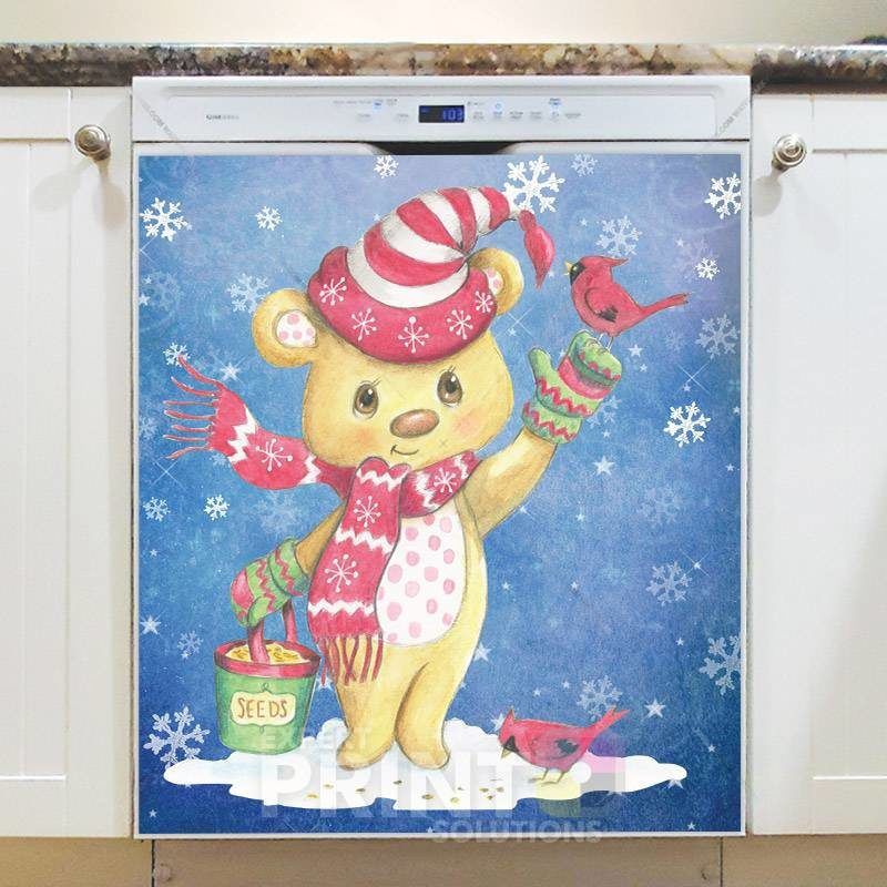 Winter Teddy Bear and Cardinal #1 Dishwasher Magnet