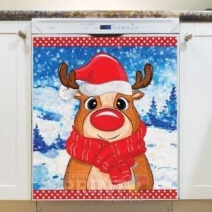 Cute Rudolph in Hat and Scarf Dishwasher Magnet