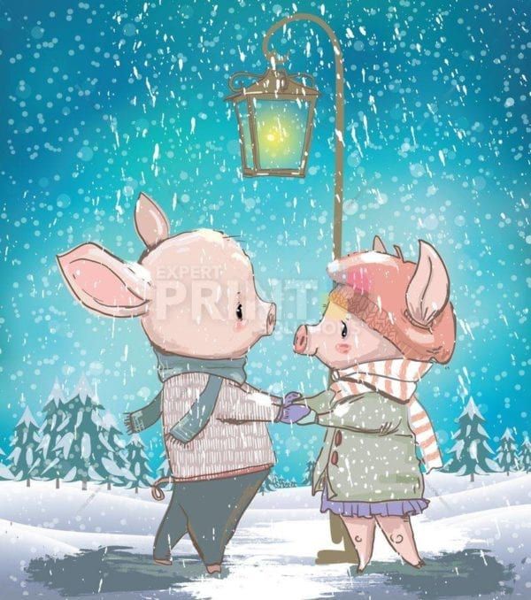 Piglet Couple in the Snowfall Garden Flag