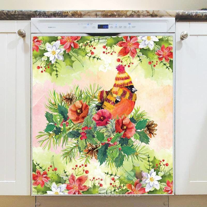 Cute Christmas Robin in Hat Dishwasher Magnet