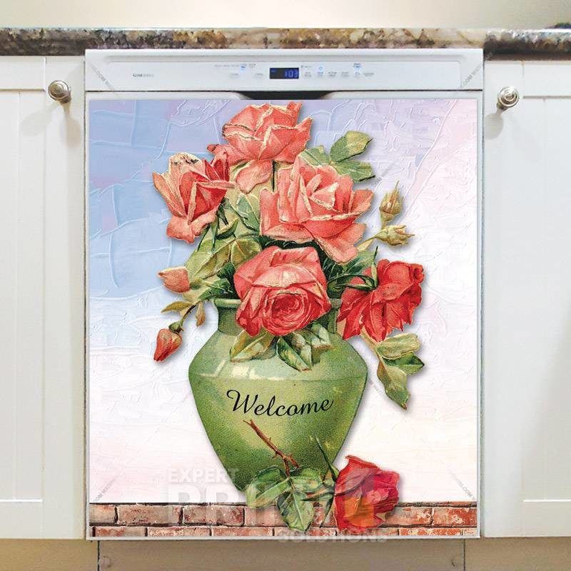 Green Vase and Red Roses Dishwasher Magnet
