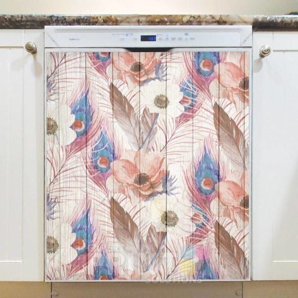 Rustic Flowers and Feathers on Wood Pattern Dishwasher Magnet